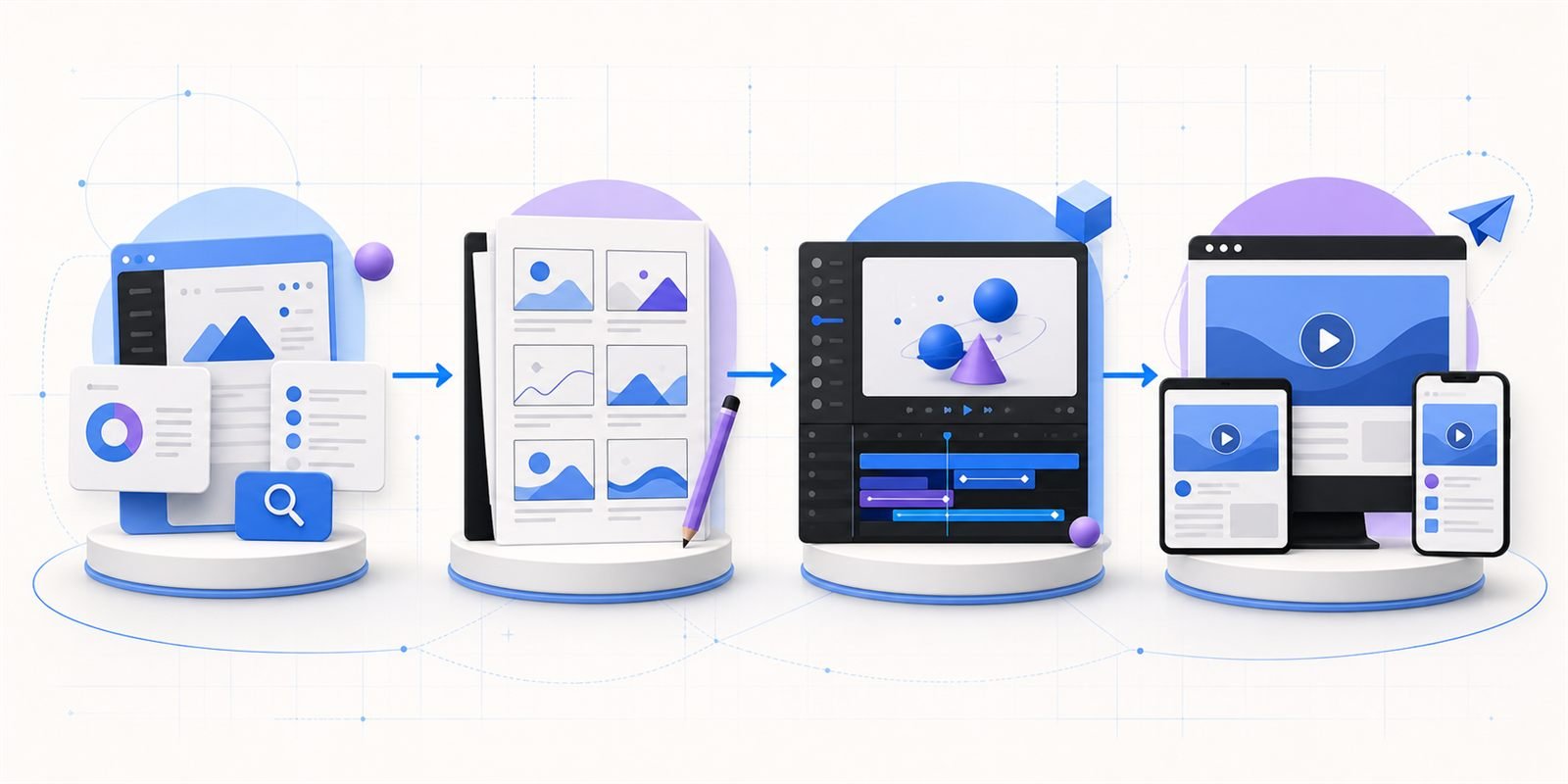 Four-stage SaaS explainer video production process from discovery to multi-channel delivery