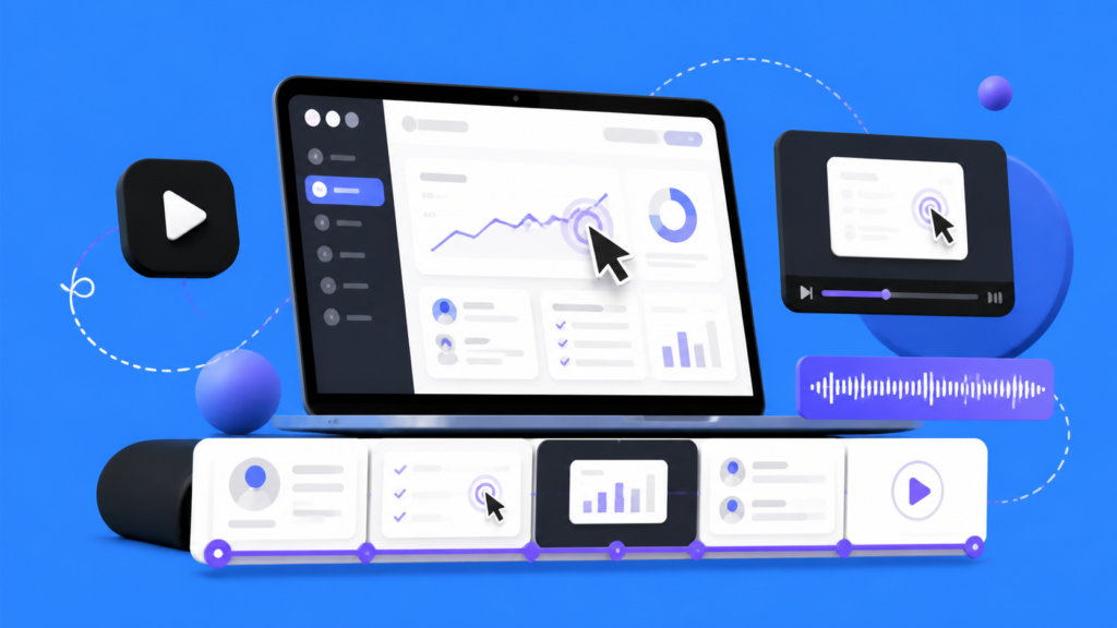 Illustration of a SaaS dashboard being planned as a product demo video with storyboard, cursor highlights, and audio waveform