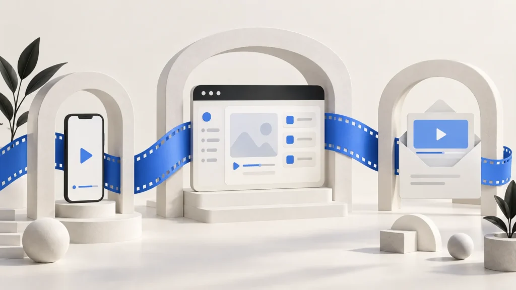 Blue film ribbon connecting a mobile video, software landing page, and sales email illustration