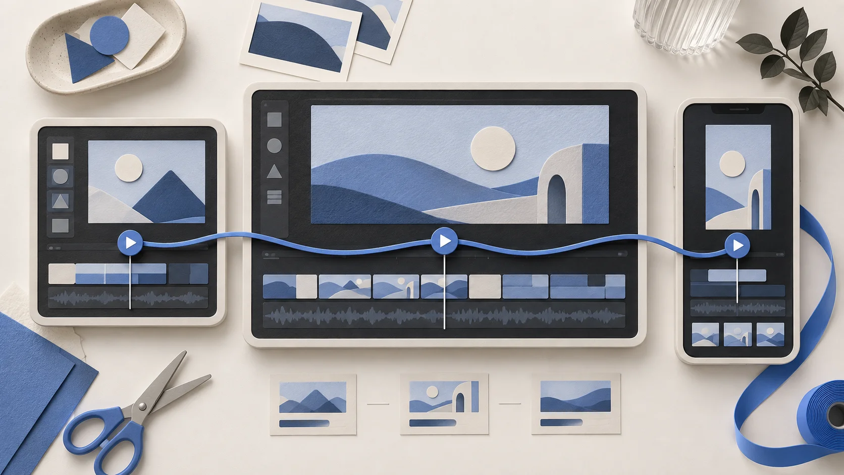 Original illustration of landscape, square, and vertical video edits connected by a blue ribbon